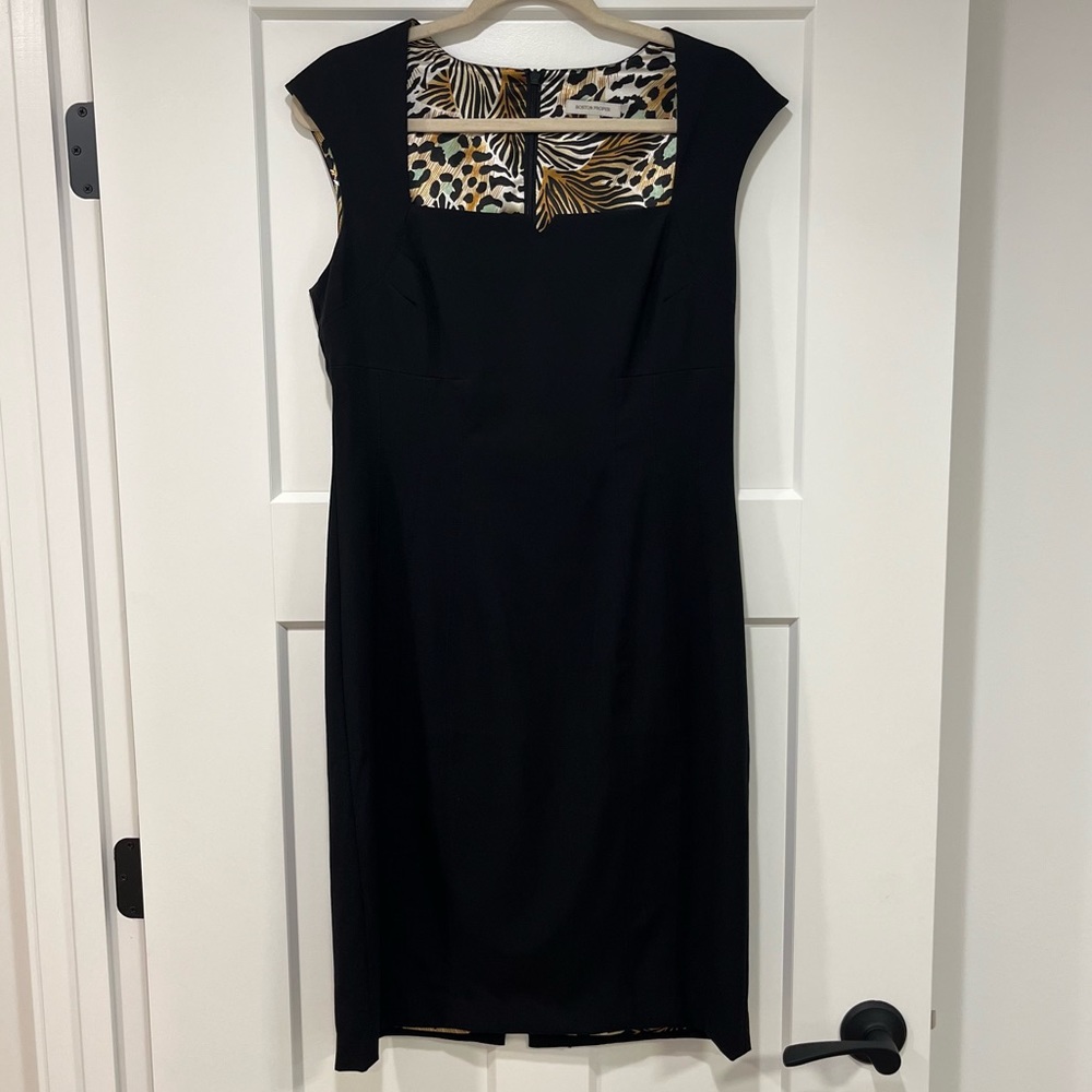 Boston Proper Sz 10 Little Black Pencil Dress Square Neckline Cap Sleeve Elegant